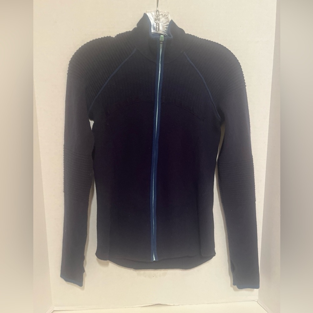 Title Nine Size Small S Blue Full Zip Merino Wool Blend Sweater Jacket Cardigan.